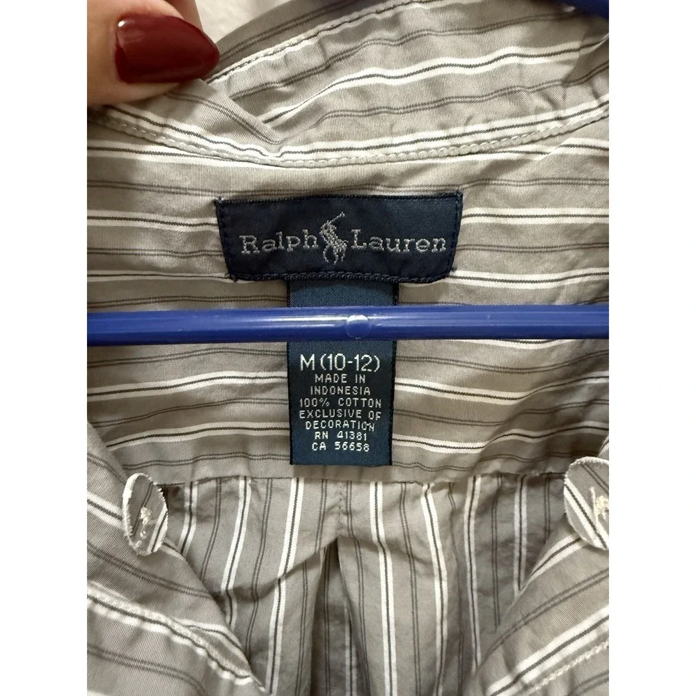 Ralph‎ Lauren Boys Striped Long Sleeve Button Down Shirt Size M (10-12) Gray